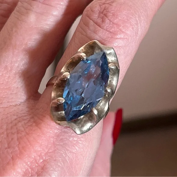 Antique art Deco Oversized Marquee Blue Topaz Brutalist Sterling Silver Ring - Picture 3 of 17